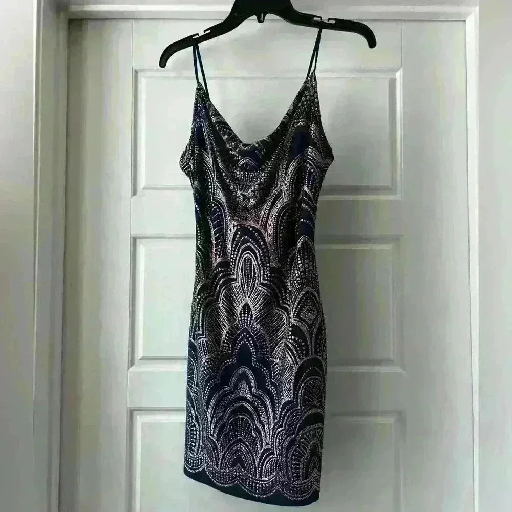 Navy and Rose Gold fitted dress with cowl neckline in women’s size small